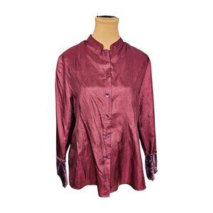 April Cornell Shiny Burgundy Button Up w/ Velvet Cuffs Sz S